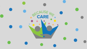 because we care logo - illustration of two people with bright and happy spots