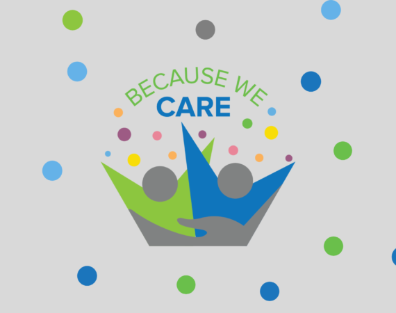 because we care logo - illustration of two people with bright and happy spots
